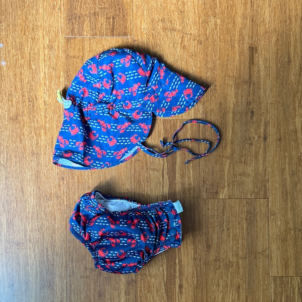 Nautical Blue and Red Kids Swim Hat and Diaper Cover Set